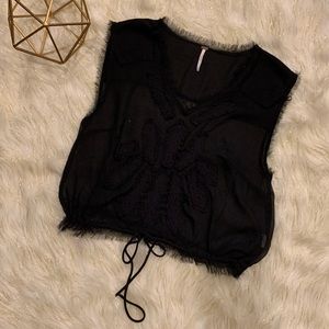 Free People Black Sheer Sleeveless Top with Feather Design Women’s Medium